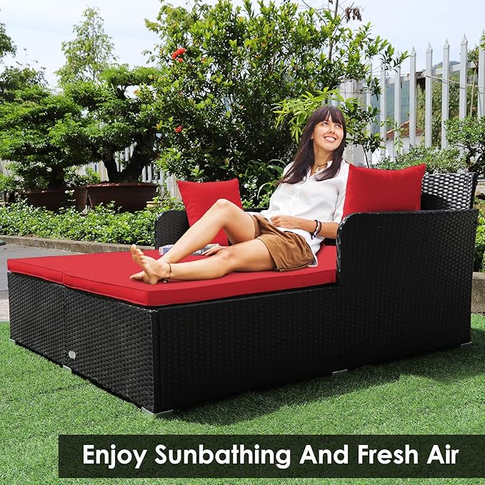 COSTWAY Outdoor Patio Rattan Daybed, Sponge Cushioned Loveseat Sofa - Image 5