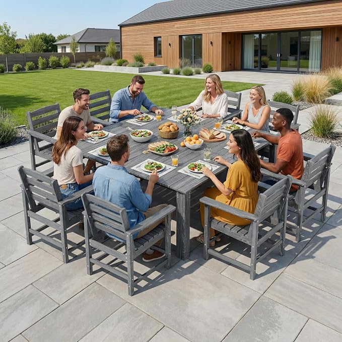 Outdoor HDPE Dining Table Set, 10-Piece Outdoor Dining Table Sets, Wood Grain - Image 3