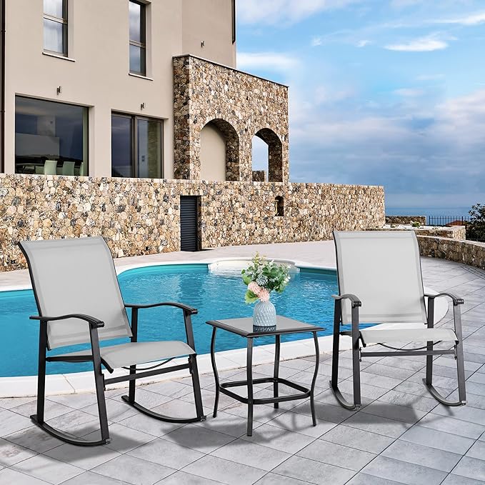 Vongrasig 3 Piece Outdoor Rocking Bistro Set, Textilene Fabric Small Patio - Image 2