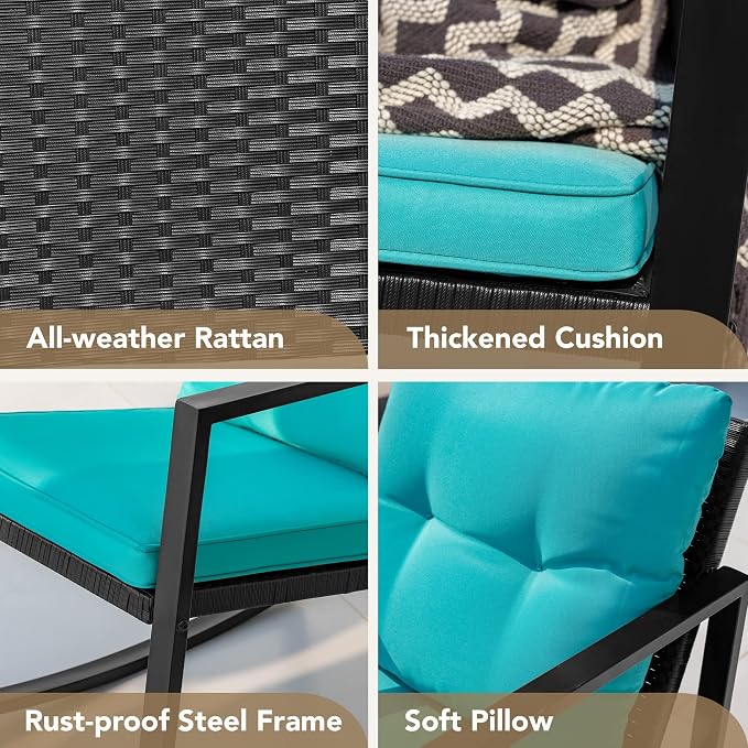 Devoko 3 Piece Rocking Bistro Set Wicker Patio Outdoor Furniture Porch Chairs - Image 7