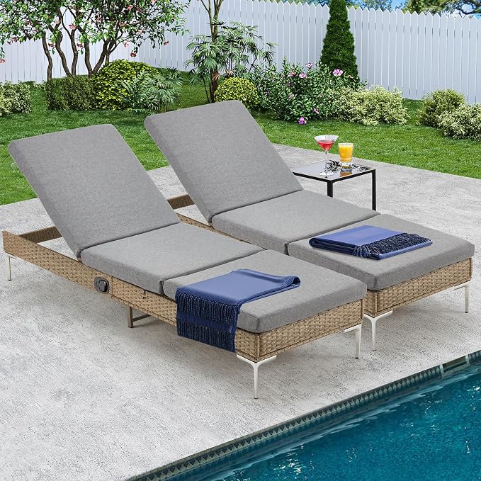 HOMREST Outdoor Chaise Lounge Chair Set of 2, Rattan Pool Sunbathing Recliner - Image 7