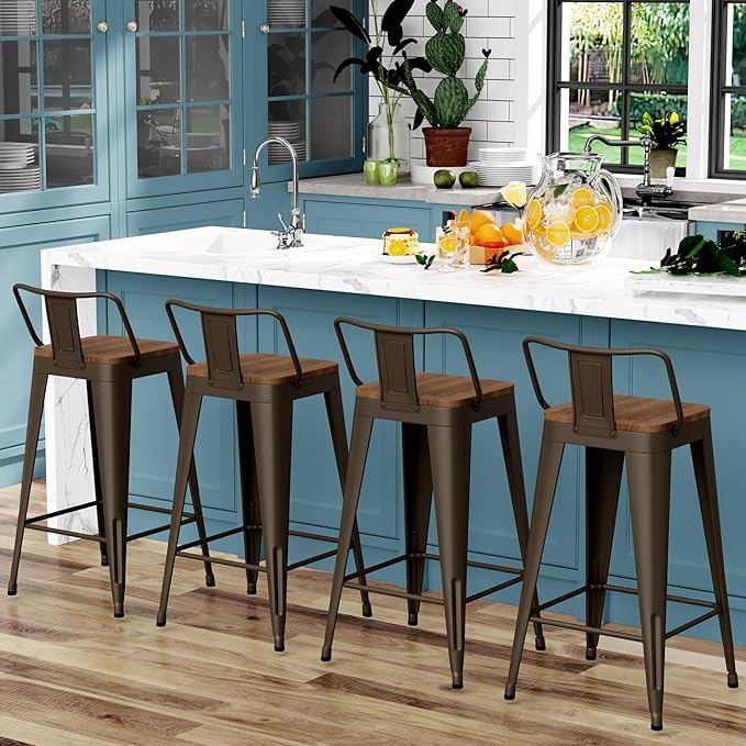 WENTMENT Industrial Rusty Bar Stools Set of 4, Wooden Seat, Removable Back - Image 5