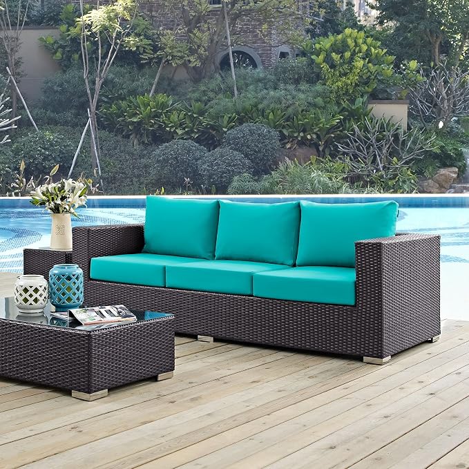 Modway Convene Wicker Rattan Outdoor Patio Sofa in Espresso Turquoise - Image 2