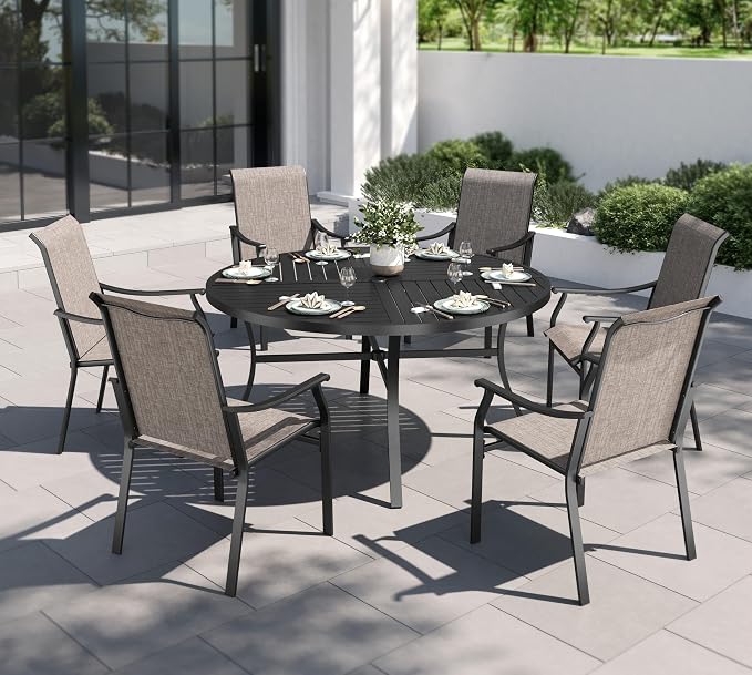 PHI VILLA 7 PCS Patio Dining Table and Chairs, Round Metal Dining Table by PHIVILLAThepioneerofcomfortablehouseholdsupplies