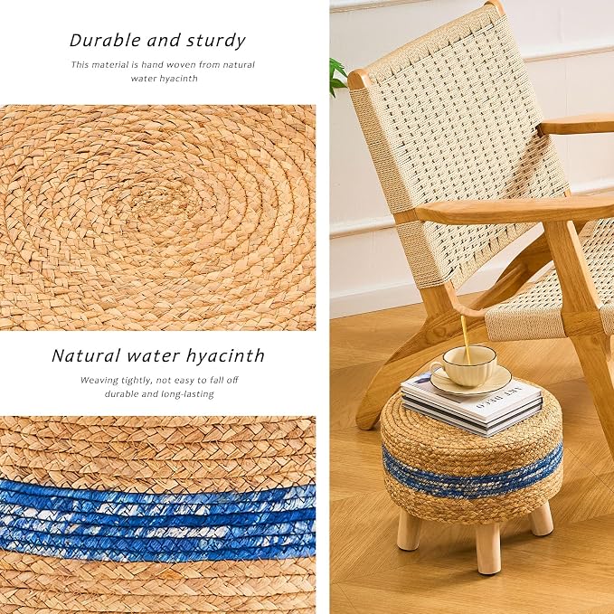 Handwoven Round Ottoman, Natural Water Hyacinth Outdoor Patio Pouf Seagrass Low - Image 6