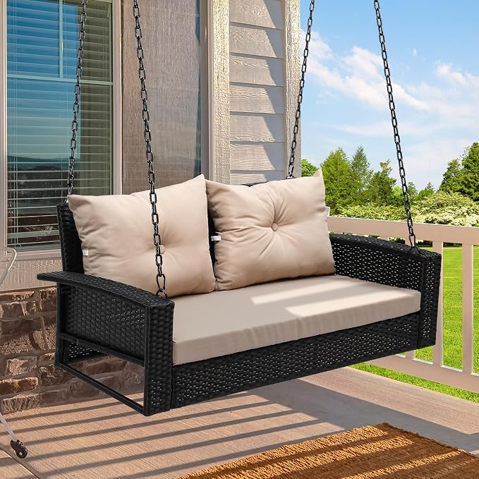 YITAHOME Wicker Hanging Porch Swing Chair 2-Seats Outdoor Black Rattan Patio by YITAHOME