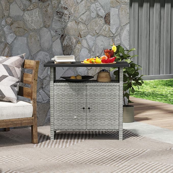Outsunny Wicker Outdoor Storage Cabinet, Rattan Outdoor Bar Table - Image 8