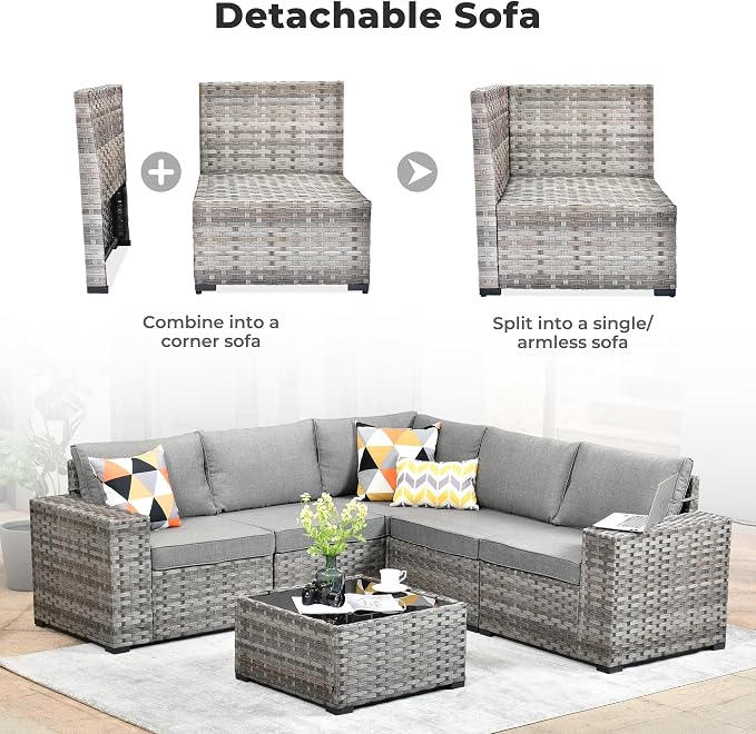 ovios 6 Pieces Patio Furniture Set, Outdoor Wicker Sectional Sofa - Image 9