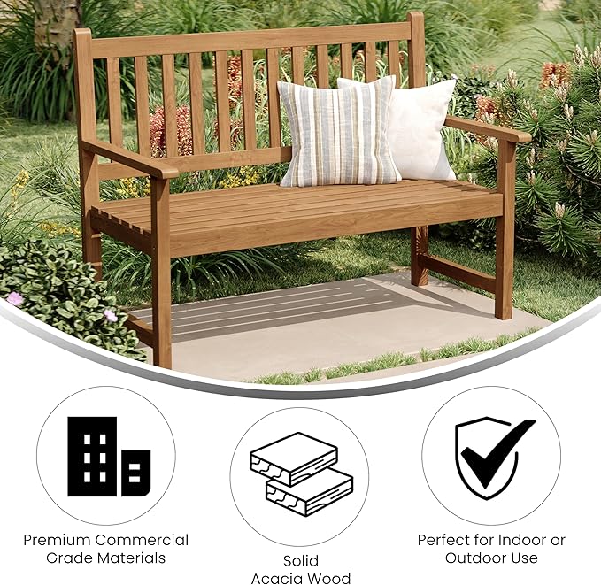 Flash Furniture Adele Commercial Indoor/Outdoor Acacia Wood Bench, 2-Person - Image 4