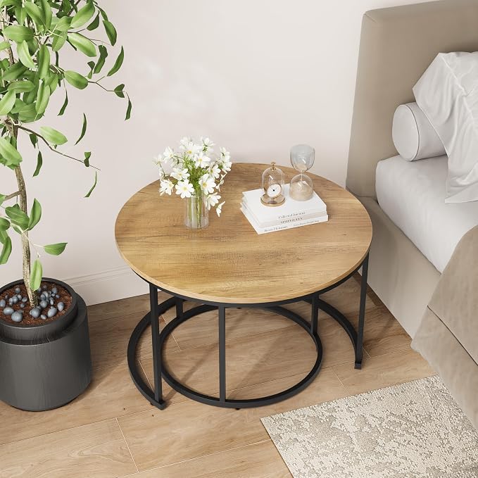 Smuxee Nesting Coffee Table Set of 2, 27.6" Round Coffee Table Wood Grain Top - Image 8
