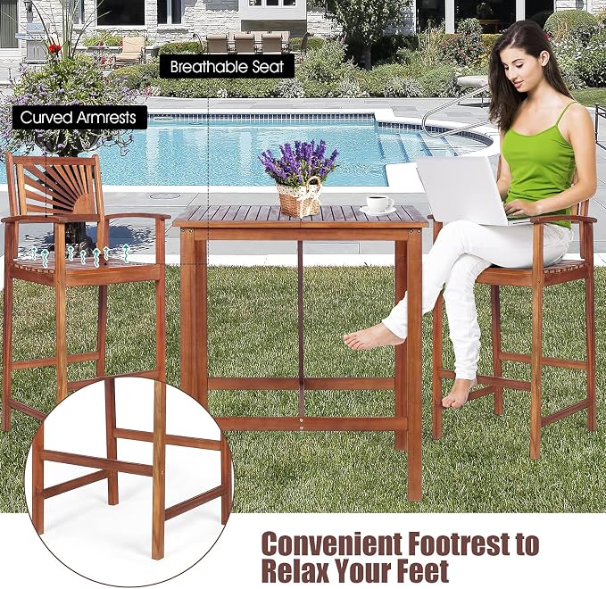 COSTWAY 3PCS Bar Table Set, Outdoor Acacia Wood Dining Set, Spacious Tabletop - Image 5