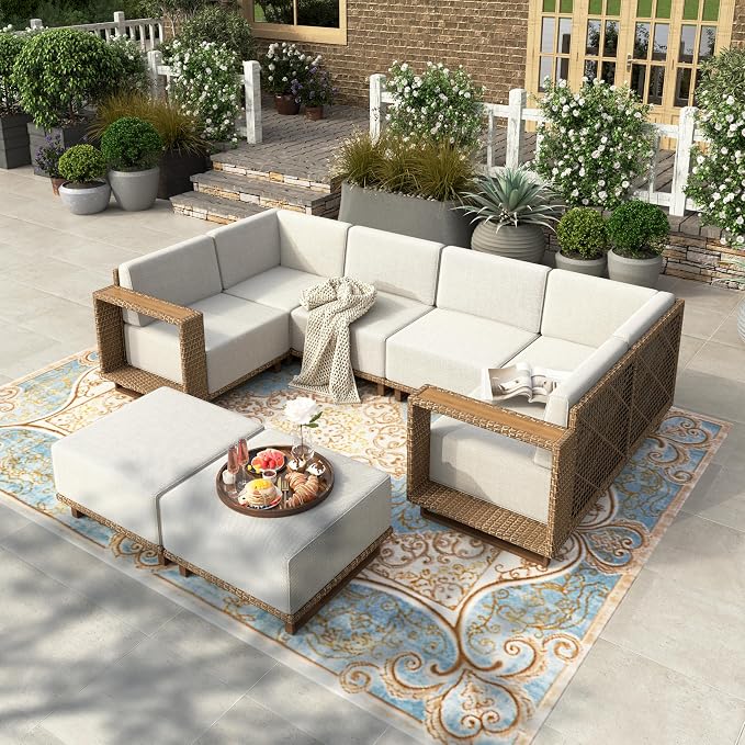 HERA'S HOUSE 8 Pieces Patio Furniture Set, 6 Sectional Outdoor Rattan Wicker by HERASHOUSE