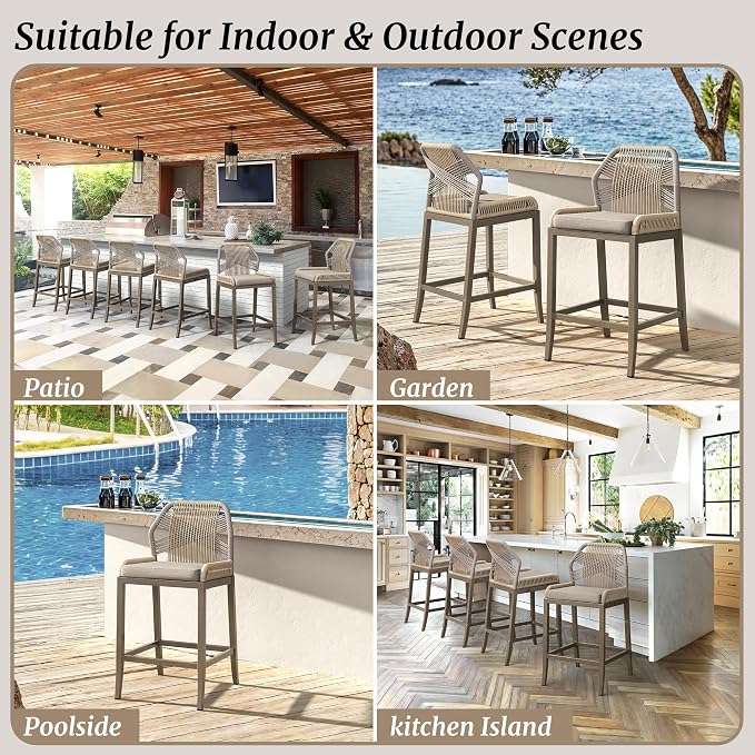 Outdoor Bar Stools, Rattan Outdoor Counter Height Bar Stools Set of 4, 26.5" H - Image 7