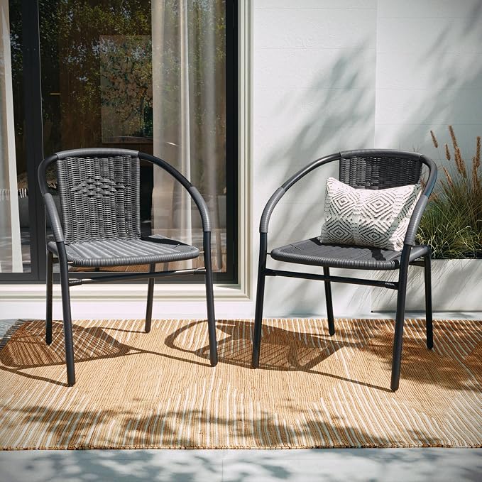 Flash Furniture Lila 2 Pack Gray Rattan Indoor-Outdoor Restaurant Stack Chair - Image 7