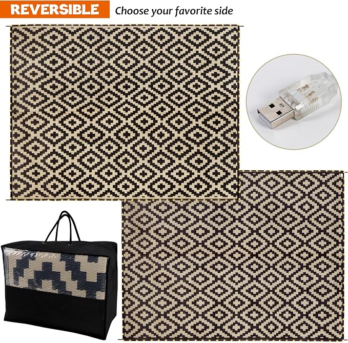SAND MINE Reversible Mats with Led Strip Lights, Plastic Straw Rug, Modern Area - Image 3