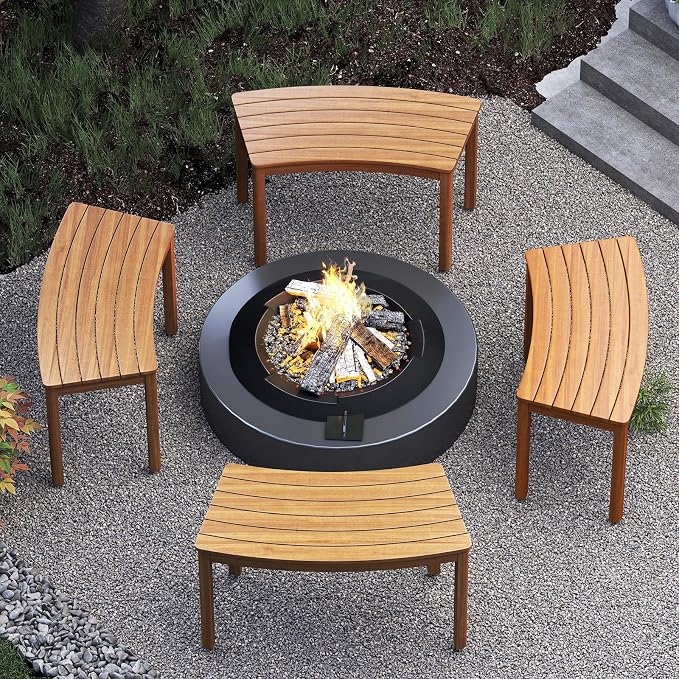 Tangkula Acacia Wood Outdoor Curved Bench Set of 3, Patio Garden Backless Fire - Image 4
