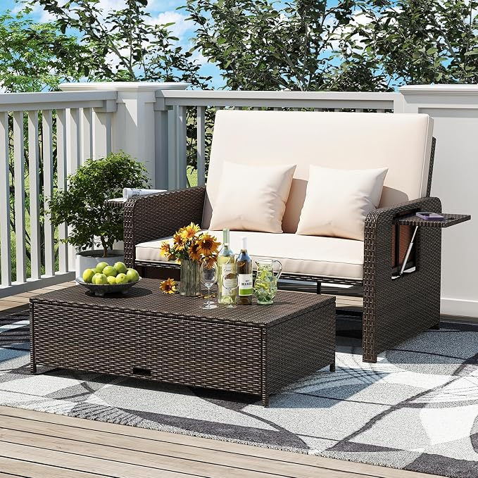 LDAILY Moccha Outdoor Daybed, Wicker Loveseat Sofa Set - Image 2