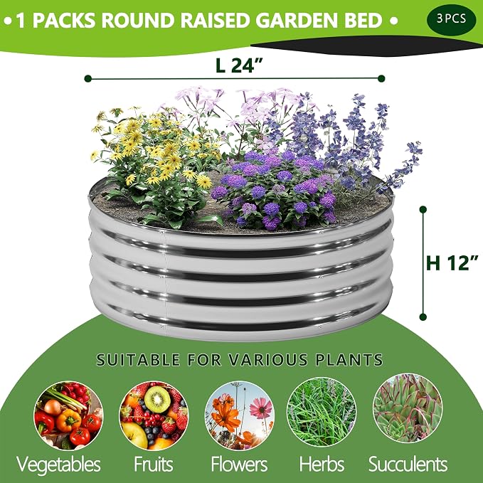 3PCS 2x2x1FT Galvanized Raised Garden Bed Kit, Vegetable Boxes-Round Metal - Image 2