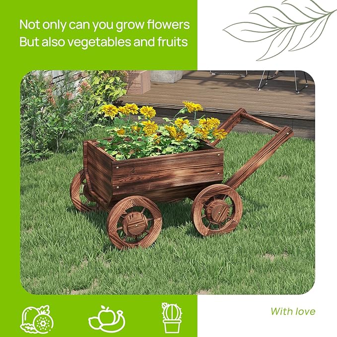 Wooden Flower Cart with Wheels Wooden Wagon Planter Outdoor Garden Planter - Image 6