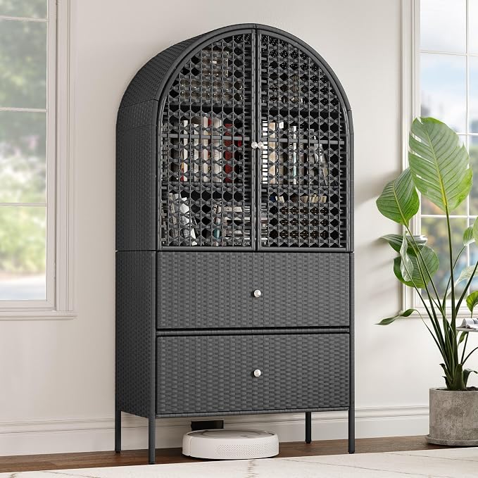 YITAHOME 65 Inch Outdoor Storage Shed, Arched Wicker Stand-Up Pantry - Image 6