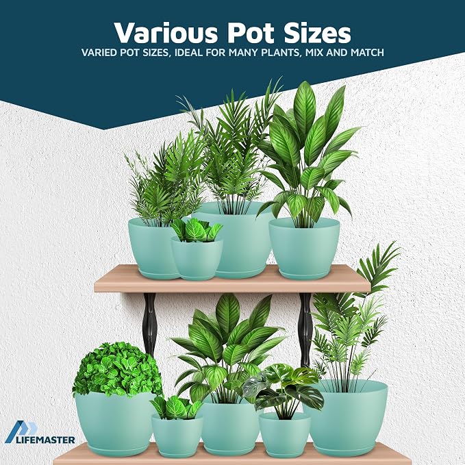 Aqua Plant Pots with Drainage Holes & Saucers 15 Pack, Indoor & Outdoor - Image 4