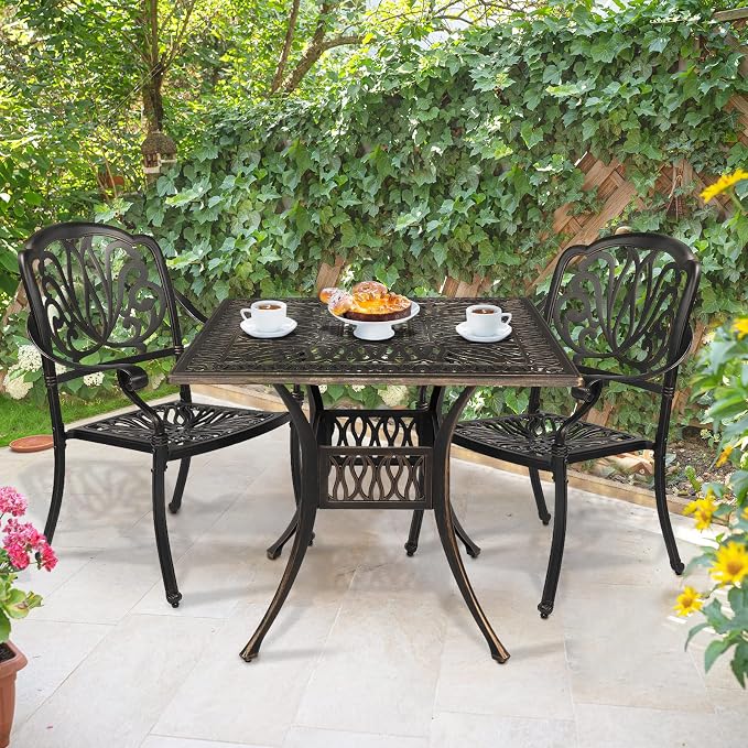 VINGLI Patio Dining Table with Umbrella Hole, Cast Aluminum Outdoor Bistro - Image 2