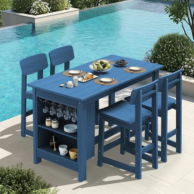 SERWALL Outdoor Bar Table and Chairs Set, 5-Piece HDPE Counter Height Patio by SERWALL