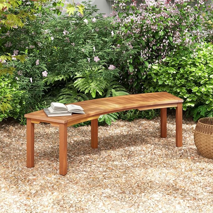 Tangkula Outdoor Curved Bench, Acacia Wood Fire Pit Bench w/Slatted Seat - Image 8