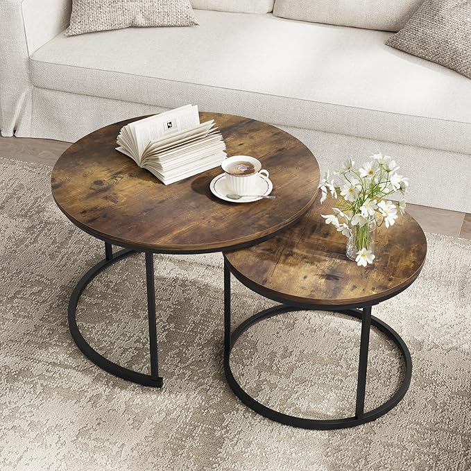 Smuxee Rustic Nesting Coffee Table Set of 2, 27.6" Round Coffee Table Wooden - Image 6