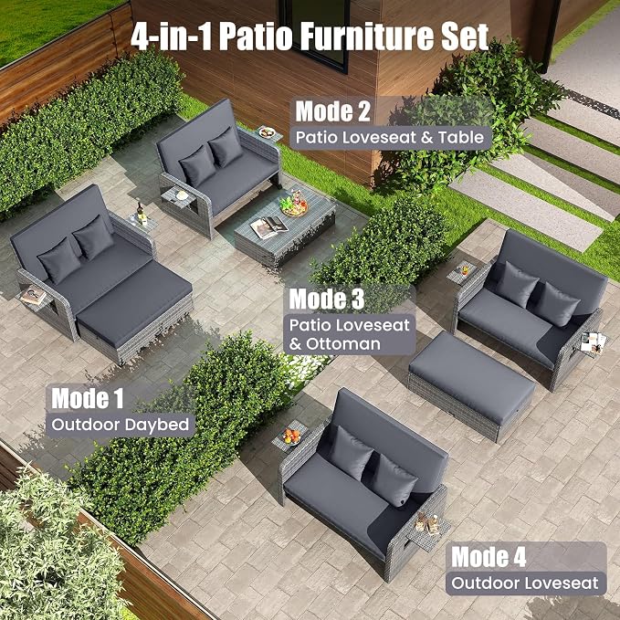 LDAILY Moccha Outdoor Daybed, Wicker Loveseat Sofa Set - Image 5