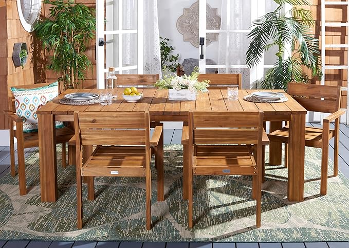 SAFAVIEH Outdoor Collection Hestia Natural Brown Acacia Solid Wood 7-Piece - Image 2