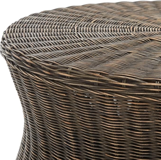 SAFAVIEH Home Collection Ruxton Dark Brown Rattan Round Coffee Table Ottoman - Image 4