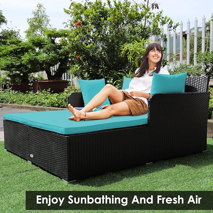 COSTWAY Outdoor Patio Rattan Daybed, Sponge Cushioned Loveseat Sofa - Image 5