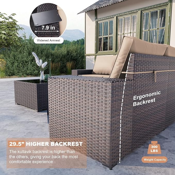Kullavik Outdoor Patio Furniture Set 6 Pieces Sectional Rattan Sofa Set Brown - Image 4