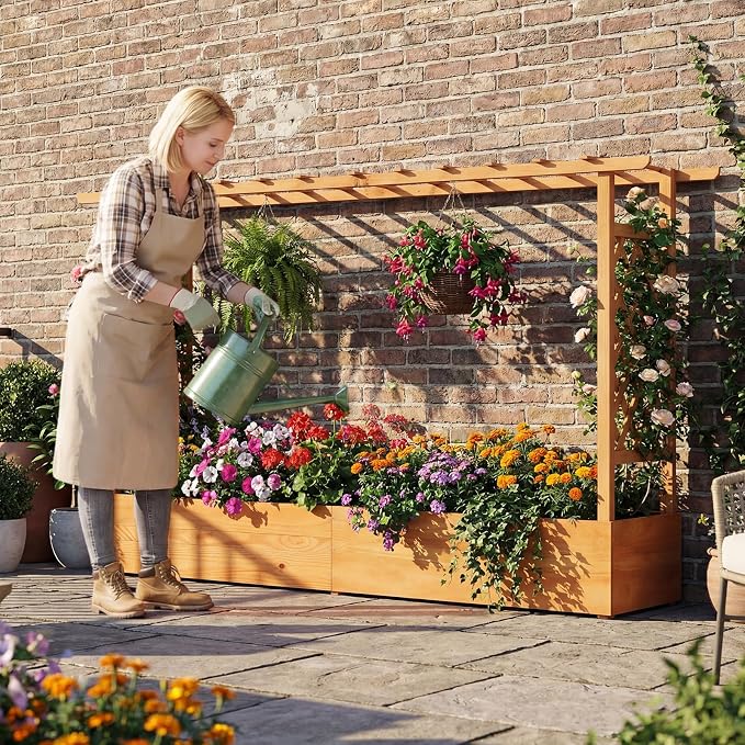 Giantex Raised Garden Bed with Trellis & Hanging Roof, Wood Planter Box with - Image 9