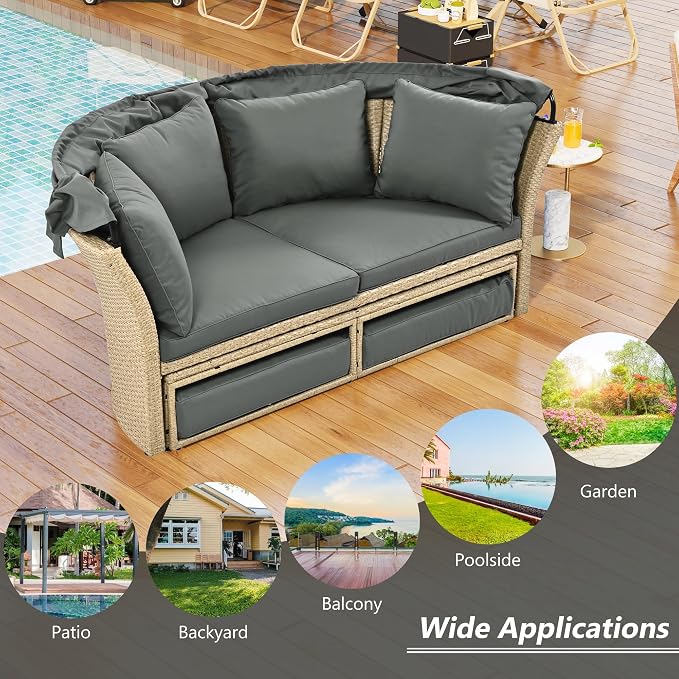 Merax All-Weather Outdoor Round Patio Daybed Conversation Sofa Set Wicker - Image 7