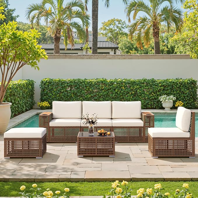 Devoko Patio Furniture Set 6 Piece Outdoor Sectional Sofa Hollow Rattan Patio - Image 6