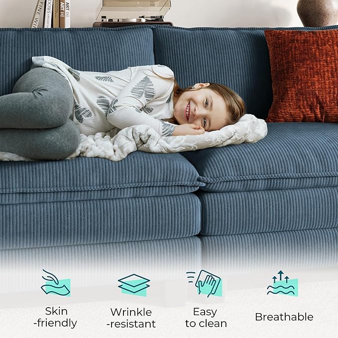 LINSY HOME 123'' Modular Sectional Sofa Blue Couch Corduroy Cloud Couches - Image 3