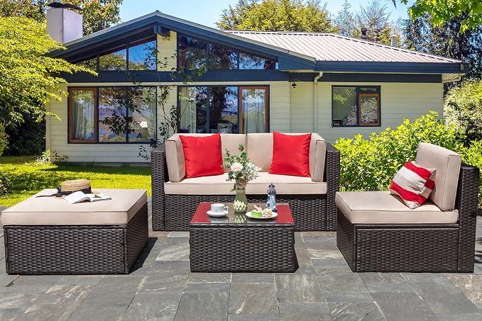 Vongrasig 5 Piece Patio Furniture Sets, All-Weather PE Rattan Wicker Outdoor by Vongrasig