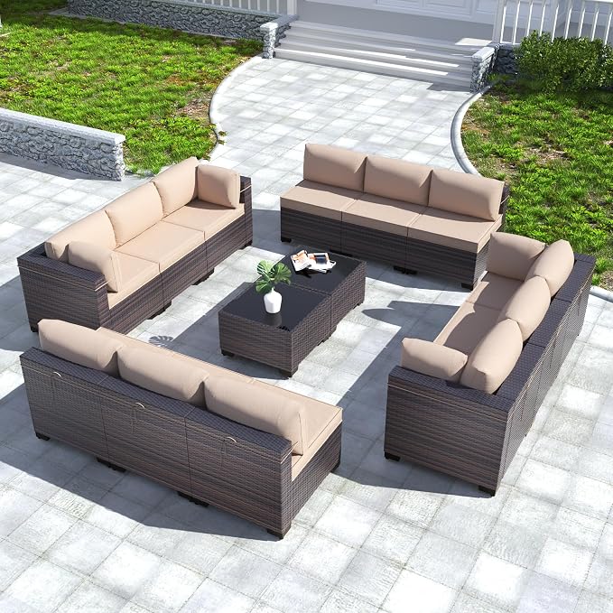 Kullavik 14 Pieces Outdoor Patio Furniture Set PE Wicker Rattan Sectional Sofa by KULLAVIK