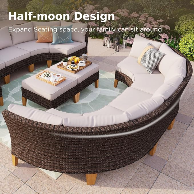 PHI VILLA 8-Piece Wicker Patio Furniture Set, Outdoor Half-Moon Curved - Image 4
