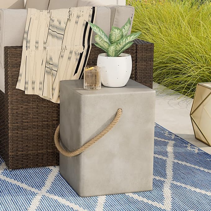 COSIEST Concrete Side Table, Rectangular Outdoor Side Table w Hemp Rope Handles - Image 8