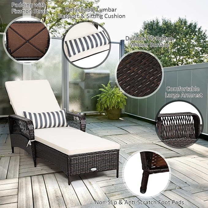 Tangkula Wicker Chaise Lounge Outdoor Set of 2, Patio Rattan Reclining Chaise - Image 7