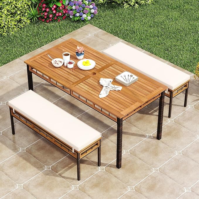 Tangkula 3 Pieces Wood Patio Dining Set, Outdoor PE Wicker Rectangular Acacia - Image 3