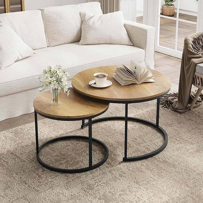 Smuxee Nesting Coffee Table Set of 2, 27.6" Round Coffee Table Wood Grain Top by Smuxee