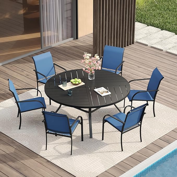 VICLLAX Patio Table and Chair Set of 6, All Weather Metal Round Outdoor Dining by HOME