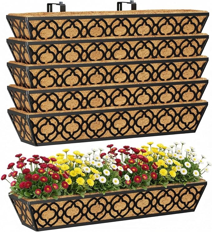 Y&M 30 Inch Window Deck with Coco Liner, Fence Metal Hanging Flower Planter by YM