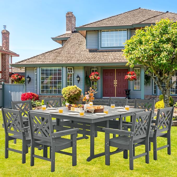 HDPE Outdoor Dining Set, 10-Piece Outdoor Table and Chairs Include 8 Dining - Image 6