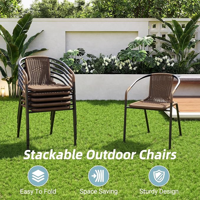 Amopatio Outdoor Dining Chairs Set of 6, Rattan Wicker Patio Chairs, Stackable - Image 3