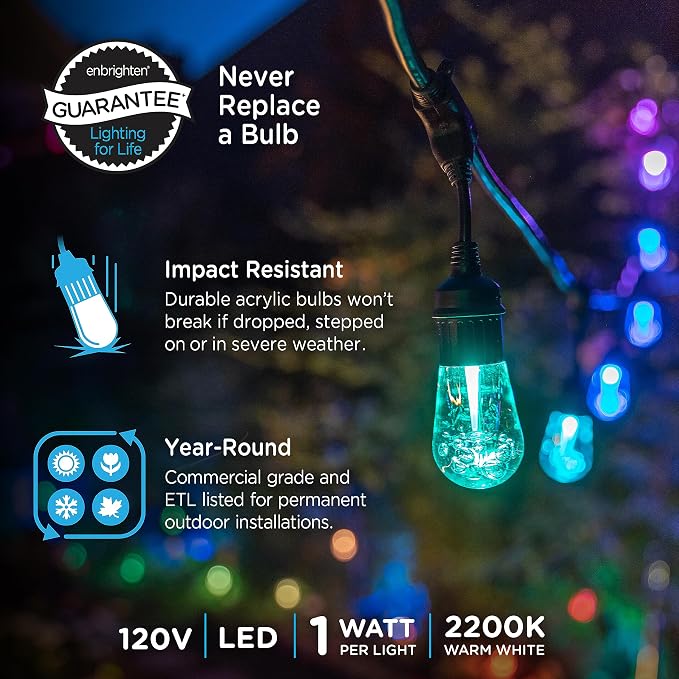 Enbrighten Vintage Outdoor String Lights, 12 RGB Acrylic Bulbs, Weatherproof - Image 2